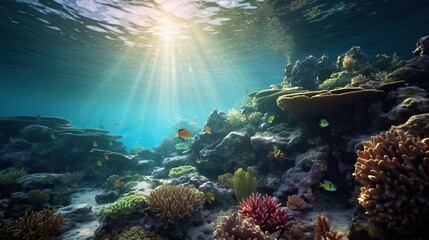 Fototapeta na wymiar a coral reef has sun beams as light shines below, background