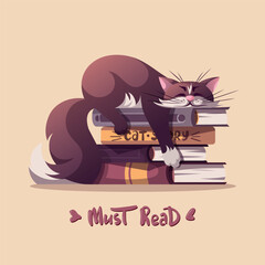 Greeting card design with cute cat lying in the books. Pet, kitty, domestic life, animal concept. Square Vector illustration for card, postcard, cover.