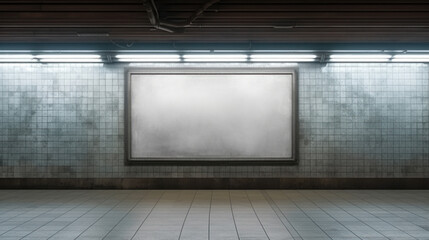  Blank billboard modern in underground subway station. Generative Ai