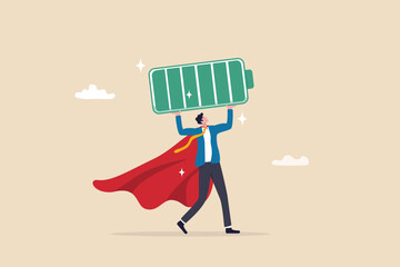 Full battery recharge, full energy to work or refresh from exhaustion, burnout recover, fuel employee or productive and efficient concept, energetic businessman superhero carry full recharge battery. - obrazy, fototapety, plakaty