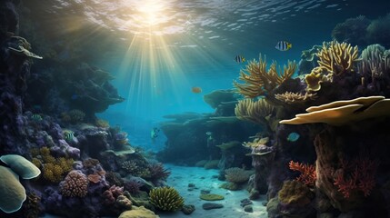 a coral reef has sun beams as light shines below, background