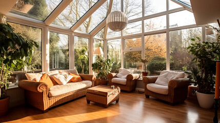 The Conservatory room of a beautiful bright modern style house. AI Generated. - obrazy, fototapety, plakaty