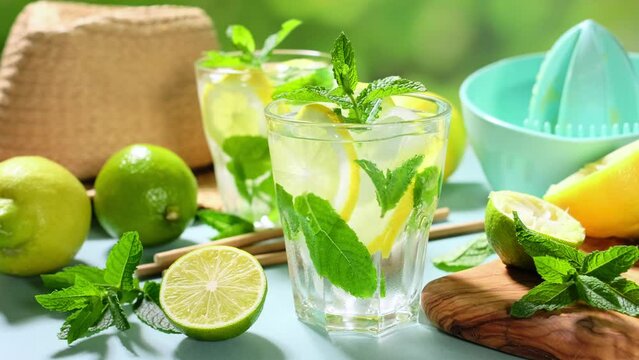 Lemonade. A refreshing summer drink with fresh lemons, mint and lime. Video 4k