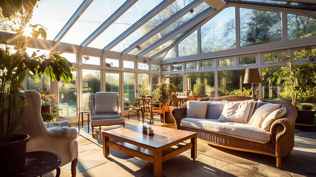 The Conservatory room of a beautiful bright modern style house. AI Generated.