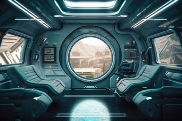 Modern interior of a spaceship with a view of the system of space, planets. Generative AI