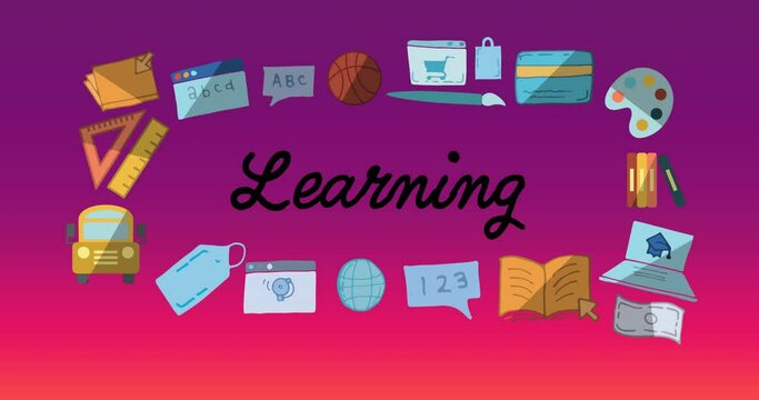 Animation of learning text banner and school concept icons against purple gradient background
