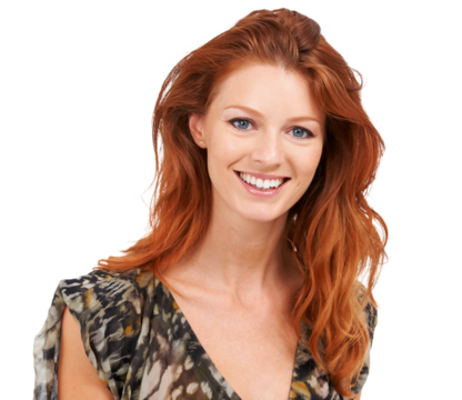 Smile, face and red head woman with beauty, natural makeup and cosmetics. Portrait of happy female model person from Ireland with skin glow and hair shine isolated on transparent, png background