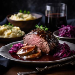 Hearty German Sauerbraten with Red Cabbage and Potato Dumplings