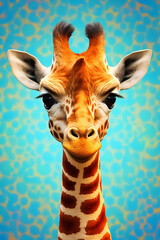 portrait of a giraffe in front of a colorful background
