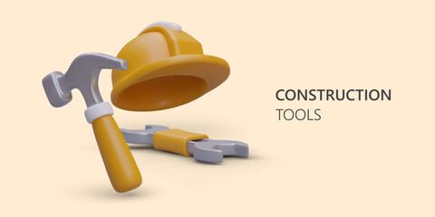 Construction and repair of houses. Professional tools for work and protection. Advertising with 3D helmet, hammer, wrench. Vector poster in plasticine style