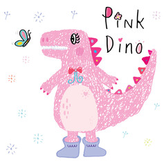 Cute pink dinosaur girl doodle vector illustration, Simple Nursery Art for Baby Girl