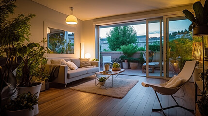 Fototapeta na wymiar The Terrace room of a beautiful bright modern style house. AI Generated.