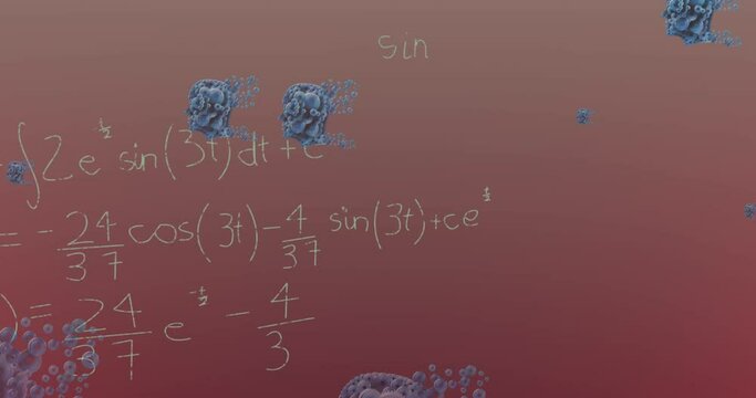 Animation of human head model icons and mathematical equations against pink gradient background