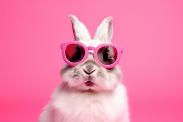 Cute Long Eared Rabbit Wearing Pink Sunglasses on Pink Background Wallpaper 