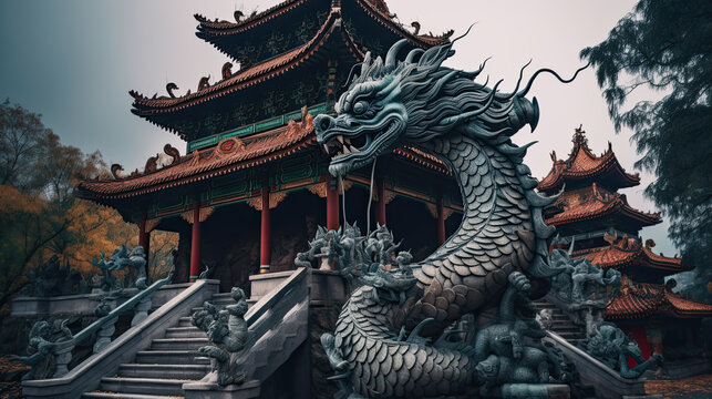 A dragon sculpture on the eaves of Chinese temple Generative AI