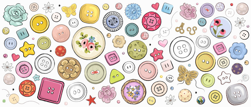 Set of hand drawn sewing button and bead isolated on white background. Sewing supplies. Vector illustration