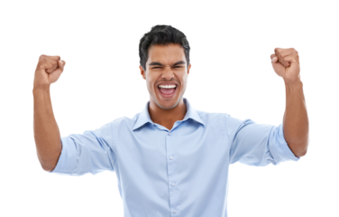 Winner, yes and portrait of business man in success, celebration and cheers of bonus, news or goals. Winning, wow or excited person or worker with fist or power isolated on transparent png background