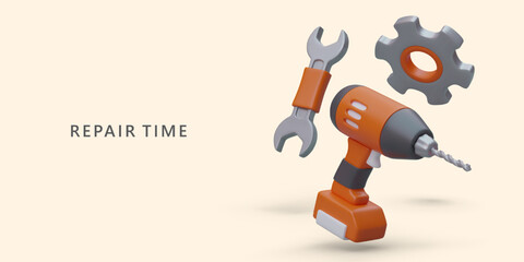 Do it yourself repair work. Advice on choosing tools. Lessons from professionals. Basic and advanced courses. Modern trends, fashionable colors, techniques. Vector concept with 3D elements and text