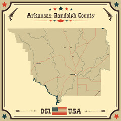 Large and accurate map of Randolph County, Arkansas, USA with vintage colors.