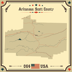 Large and accurate map of Scott County, Arkansas, USA with vintage colors.