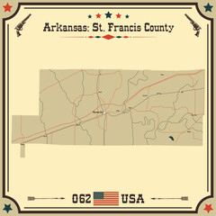Large and accurate map of St. Francis County, Arkansas, USA with vintage colors.