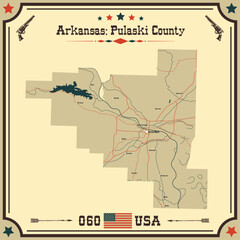 Large and accurate map of Pulaski County, Arkansas, USA with vintage colors.