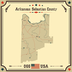 Large and accurate map of Sebastian County, Arkansas, USA with vintage colors.
