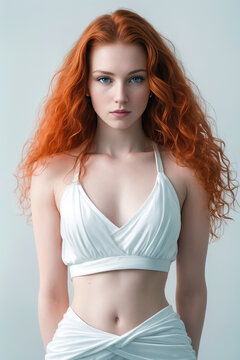 Ginger woman in a white lingerie on a white background. Generative AI