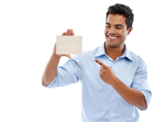 Happy businessman, poster and pointing for advertising standing isolated on a transparent PNG background. Man or employee showing billboard, sign or card for advertisement, branding or marketing