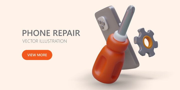 Advertising banner of phone repair service. 3D screwdriver, smartphone, gear with shadows. Firmware. Time to fix gadget. Poster with place for text, logo, promotional offer