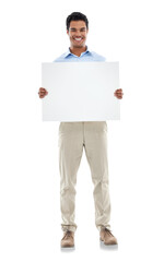 Poster, advertising and portrait of man with billboard on isolated, PNG and transparent background....