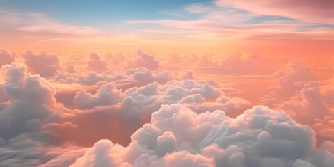 Beautiful pastel cloudscape. Fluffy clouds in the sky. Horizon from a plane. Weather and overcast dawn