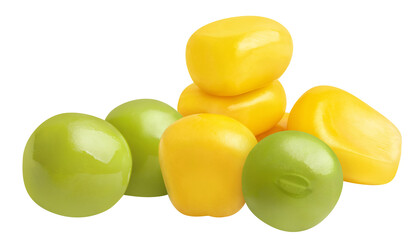 Delicious corn seeds and green peas, cut out