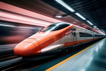 Fototapeta premium A dynamic photo of a bullet train passing through a station at high speed, with motion blur providing a tangible sense of the train's incredible velocity.