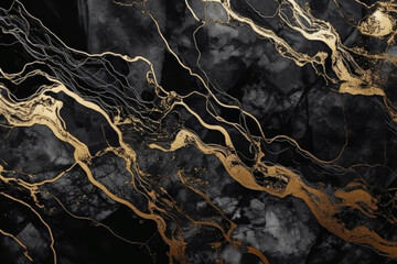 Fototapeta na wymiar Black marble texture with gold viens. Fluid black golden marbled background. Luxury modern backdrop for banner, greeting card, invitation. Generative ai 