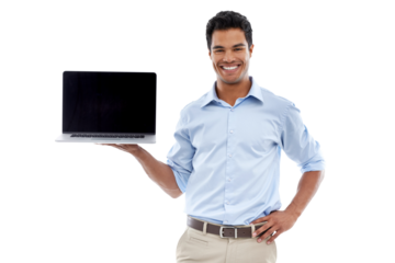 Isolated businessman, blank laptop and portrait with smile, mockup space and transparent png background. Indian business man, computer and show screen with mock up, tech and promotion with web design