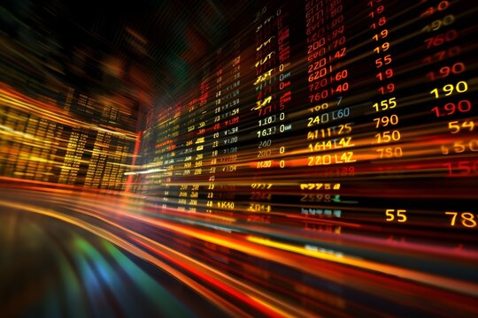 A captivating photo capturing stock market numbers racing across a digital board, symbolizing the rapid pace of financial markets.