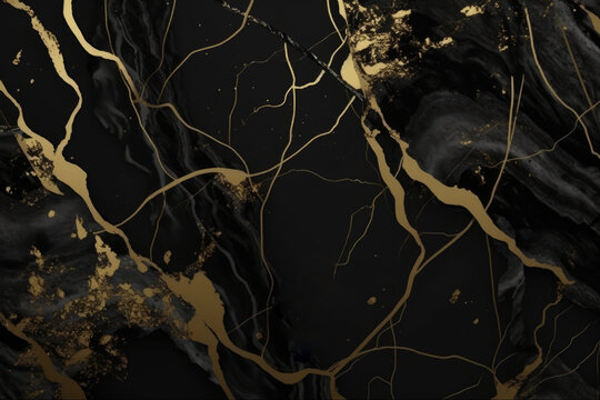 Black Marble with Golden Veins. Black marbel background with lots gold veining. Luxury marbled  texture. Generative ai illustration