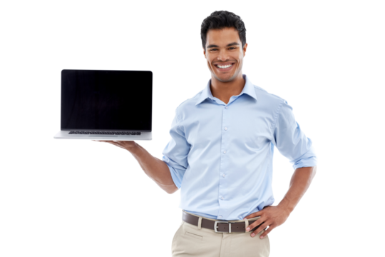 Isolated businessman, blank laptop and portrait with smile, mockup space and transparent png background. Indian business man, computer and show screen with mock up, tech and promotion with web design