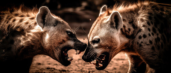 Spotted hyenas (Crocuta crocuta) fighting  in the savanna. Generative AI.