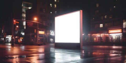 Fototapeta na wymiar Blank white advertising display billboard in a city street at night with light streaks. Promotional poster mock up