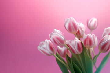 Fototapeta premium Beautiful bouquet of pink tulip flowers on pink background. Space for text. AI Generative