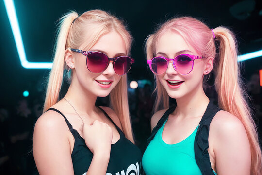 Beautiful blonde girl in a top and shorts and sunglasses at a party in a nightclub dances relaxing and having fun under neon multicolored light. Generative AI