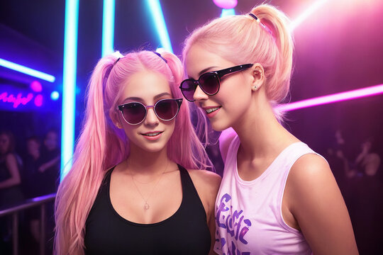 Beautiful blonde girl in a top and shorts and sunglasses at a party in a nightclub dances relaxing and having fun under neon multicolored light. Generative AI