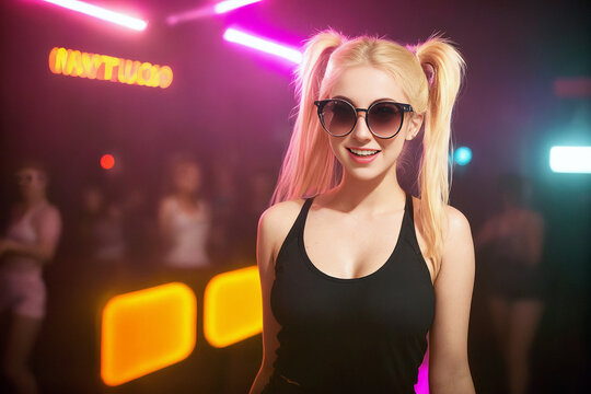 Beautiful blonde girl in a top and shorts and sunglasses at a party in a nightclub dances relaxing and having fun under neon multicolored light. Generative AI