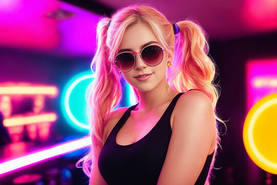Beautiful blonde girl in a top and shorts and sunglasses at a party in a nightclub dances relaxing and having fun under neon multicolored light. Generative AI