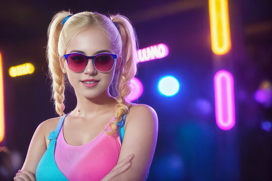 Beautiful blonde girl in a top and shorts and sunglasses at a party in a nightclub dances relaxing and having fun under neon multicolored light. Generative AI