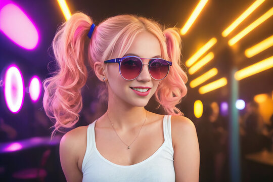 Beautiful blonde girl in a top and shorts and sunglasses at a party in a nightclub dances relaxing and having fun under neon multicolored light. Generative AI