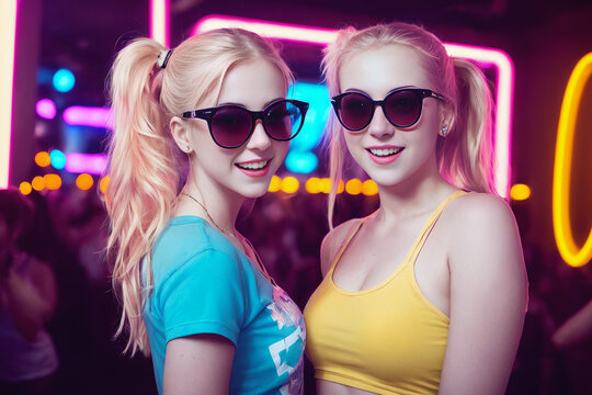 Beautiful blonde girl in a top and shorts and sunglasses at a party in a nightclub dances relaxing and having fun under neon multicolored light. Generative AI