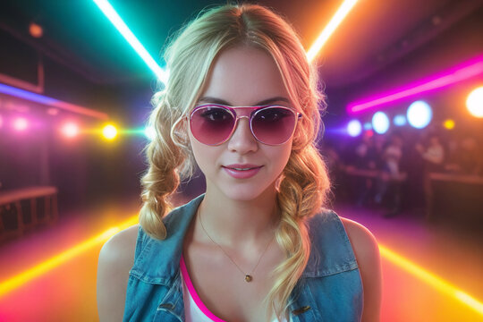 Beautiful blonde girl in a top and shorts and sunglasses at a party in a nightclub dances relaxing and having fun under neon multicolored light. Generative AI